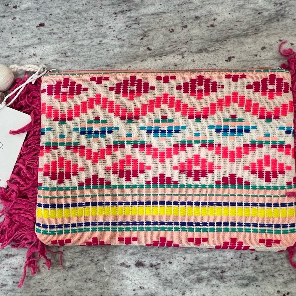 Handwoven Multicolor Zip Clutch with Pink Accents